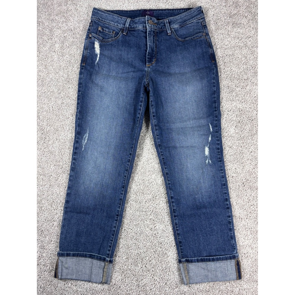 NYDJ Boyfriend Jeans Women Size 10 Blue Distressed Cuffed Croppedโ Straight Leg
